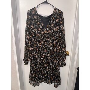 Dex Womens2X BlackFloral V-Neck Long Sleeve Tiered Ruffle Chiffon DressPlus Size